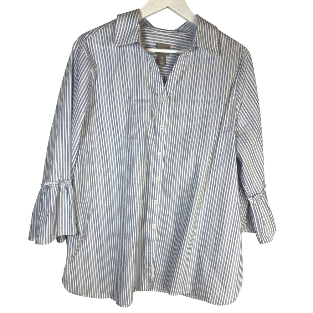 Chicos Blue White Striped Ruffle Cuff Button Down Shirt Womens Size 3 Large XL